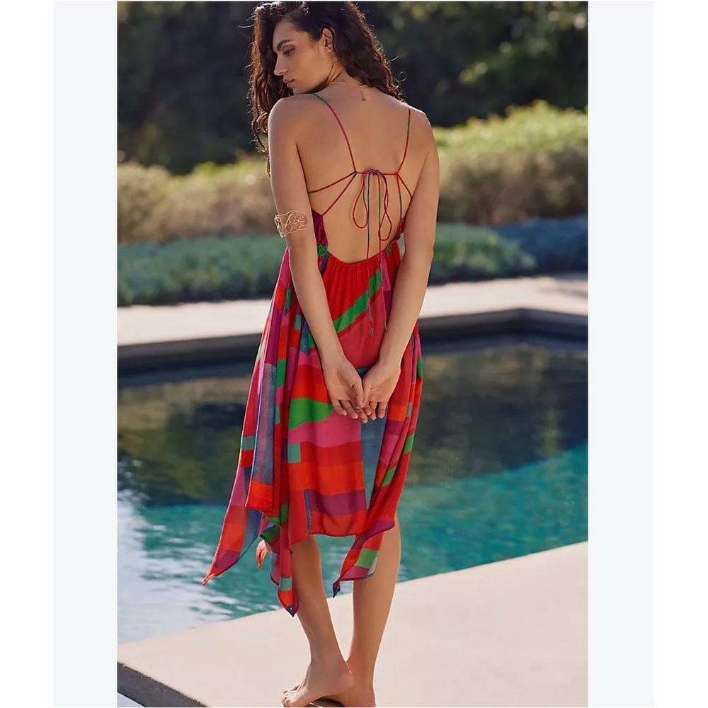 Anthropologie Multi Color Geometric Halter Handkerchief Hem Dress Medium